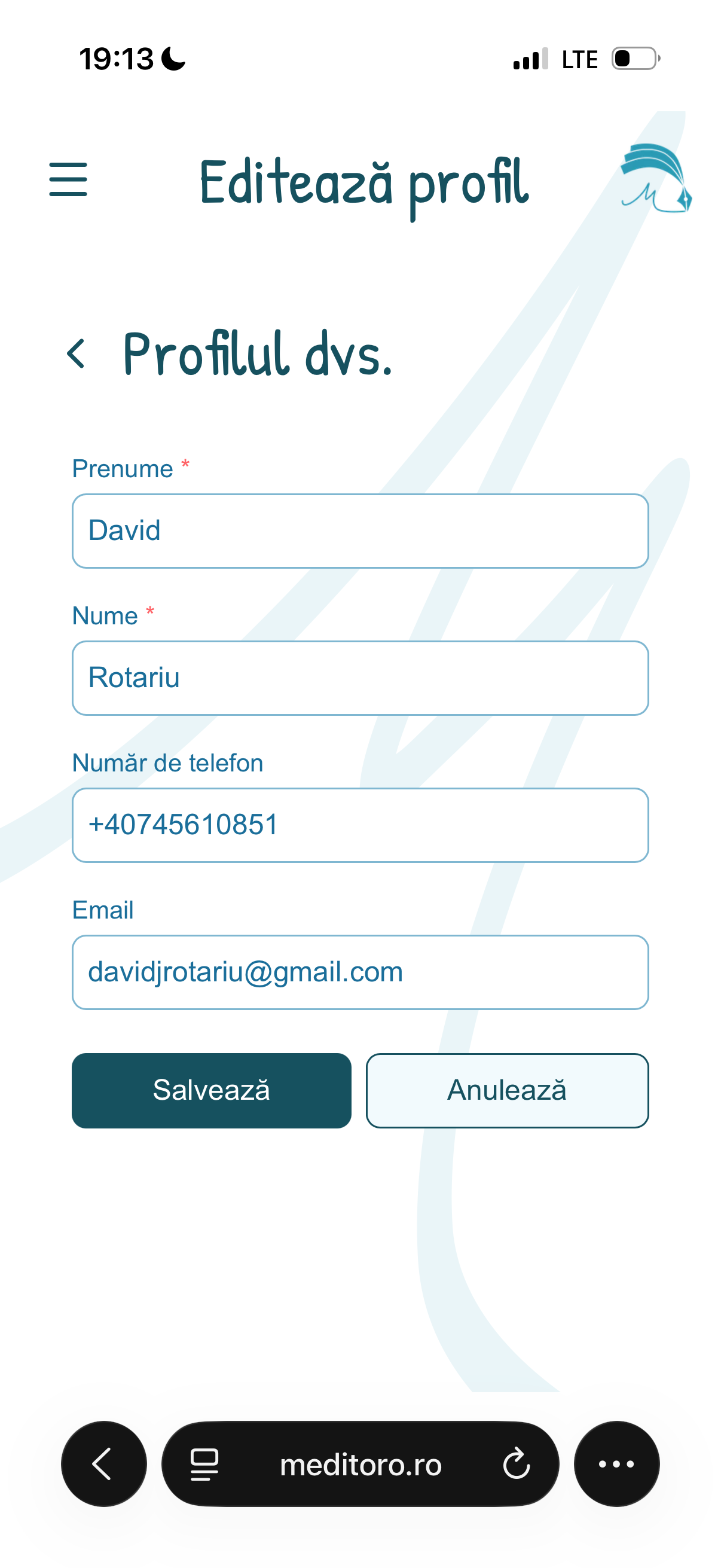 Profil profesor in aplicatia pentru meditatori Meditoro