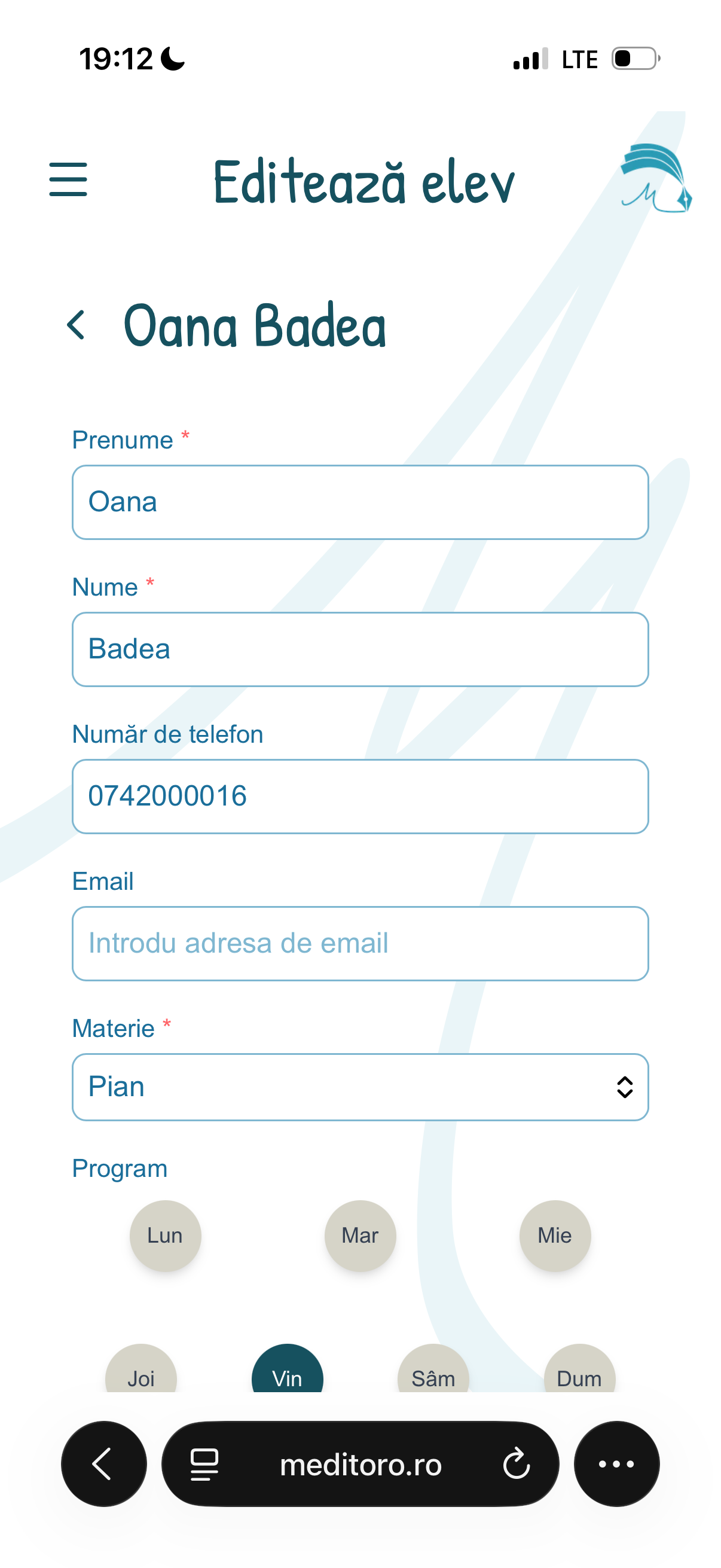 7. Poti edita rapid datele fiecarui elev, adaptand informatiile in functie de nevoile tale ca meditator.