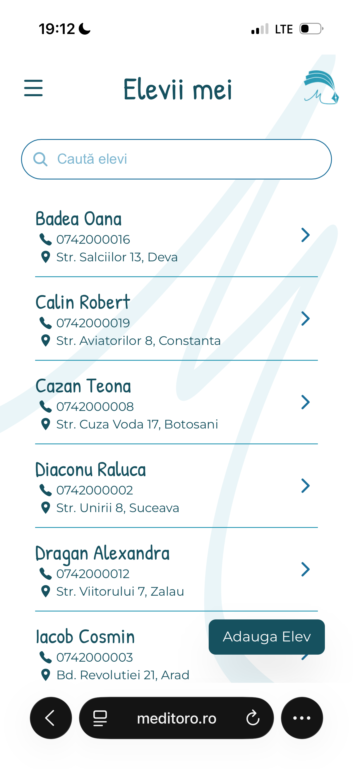 Gestionare elevi in aplicatia pentru meditatori Meditoro