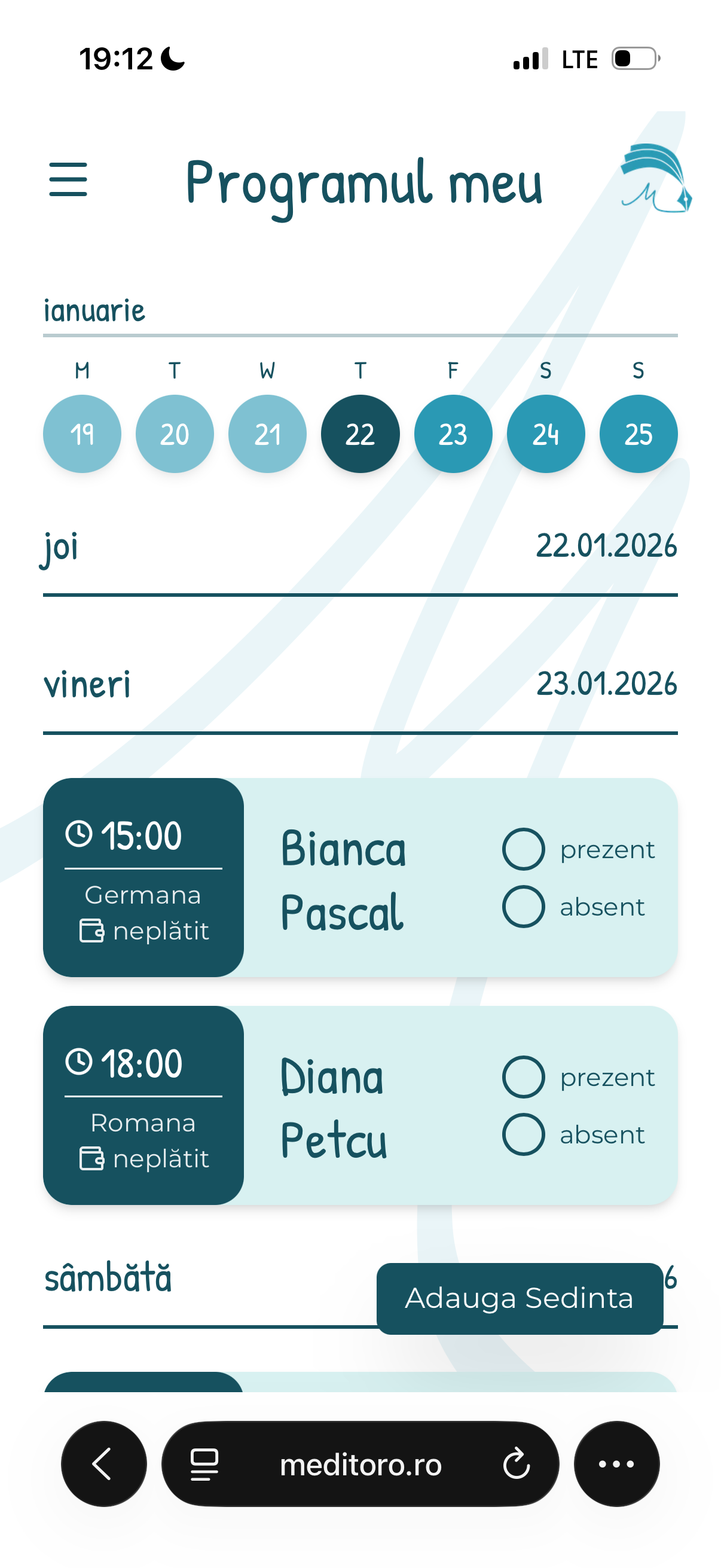 Dashboard aplicatie pentru profesori particulari cu program saptamanal